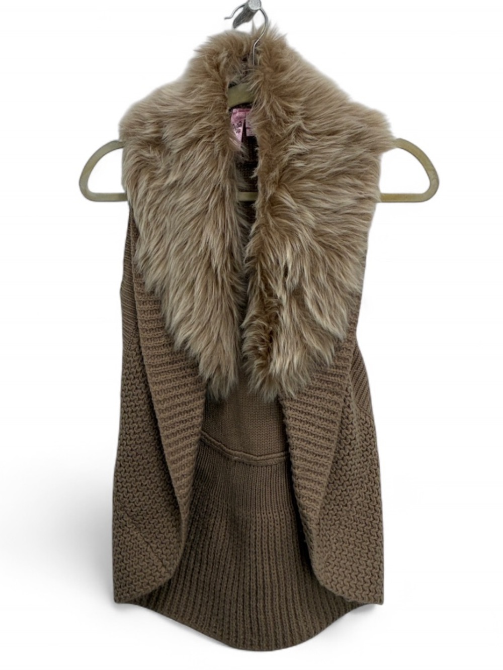 Y2K Dolled Up Taupe Open Front Sleeveless Cardigan with Faux-Fur Collar